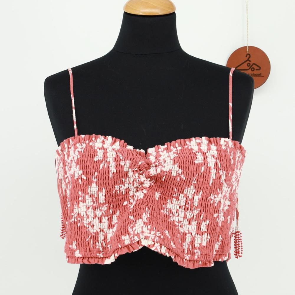 HOUSE OF HARLOW 1960 Beaded Tassel Linen Blend Smocked Cami Crop Top Size Large